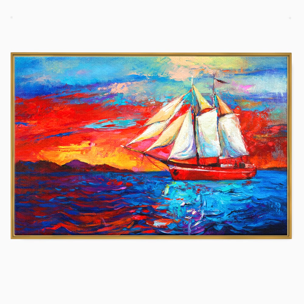 Tablou canvas cu tablou canvas cu vapor cu vele pe mare, in rama de aluminiu auriu